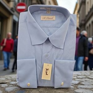 ST. PATRICK MENS LT. BLUE EASY/CARE FRENCH CUFF CURVED COLLAR DRESS SHIRT. C205